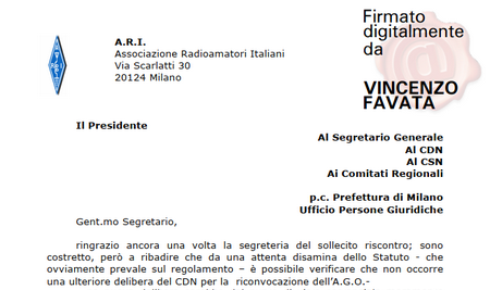 Proposta del Presidente Favata IT9IZY per la celere riconvocazione dell’A.G.O. per l’approvazione dei bilanci